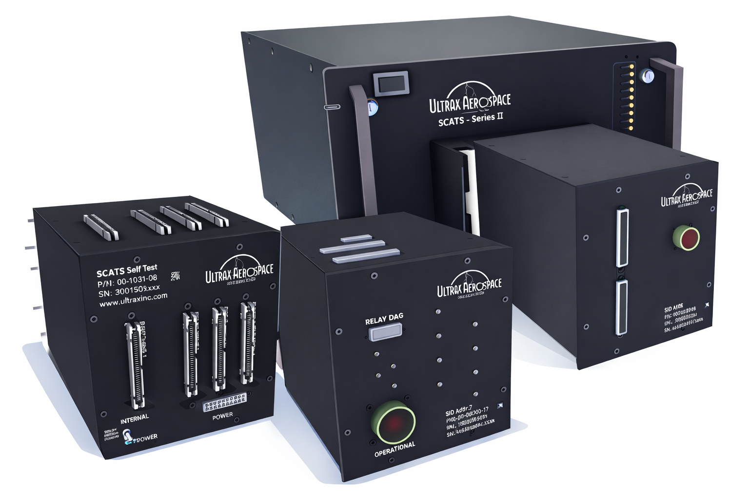 SCATS hardware devices arranged as a modular bench-level avionics connection lineup.