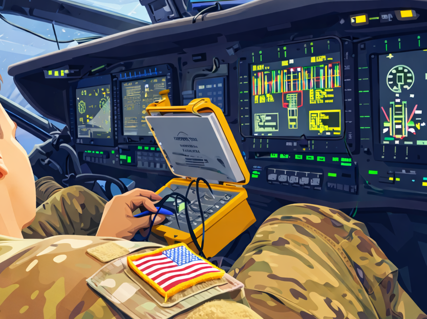 Illustrated cockpit diagnostic graphic representing UxValidator Series and on-aircraft insight enablement.